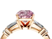 Bar-Set Engagement Ring Setting for Fancy Pink Cushion Cut Center with Tapered Baguette Accents and Prong Head in Rose Gold