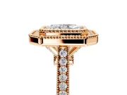 Halo Engagement Ring Setting for Radiant Cut Center with Milgrain Frame, Pave Band and Prong Head in Rose Gold