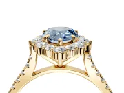 Halo Engagement Ring Setting for Fancy Blue Pear-Shaped Center with Single-Row Pave, Open Basket and Prong Head in Yellow Gold