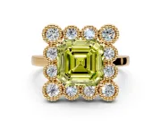 Cluster Halo Engagement Ring Setting for Fancy Yellow Asscher Cut Center with Milgrain Bezel Accents and Prong Head in Yellow Gold