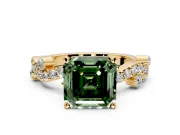 Solitaire Engagement Ring Setting for Fancy Green Asscher Cut Center with Bar-Station Pave Twist and Prong Head in Yellow Gold