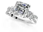 3 Stone Engagement Ring Setting for Asscher Cut Center with Pave Split Shank and Prong Head in Platinum