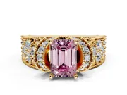 Pave Engagement Ring Setting for Fancy Pink Emerald Cut Center with Curved Accent Rows, Openwork and Prong Head in Yellow Gold