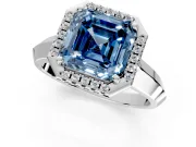 Halo Engagement Ring Setting for Fancy Blue Asscher Cut Center with Knife Ridge Cathedral Band and Prong Head in White Gold