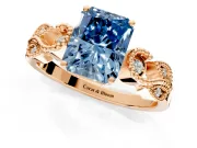Leaf Engagement Ring Setting for Fancy Blue Princess Cut Center with Milgrain Accent Band and Prong Head in Rose Gold