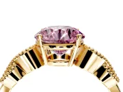 Leaf Engagement Ring Setting for Fancy Pink Round Cut Center with Milgrain Accent Band and Prong Head in Yellow Gold