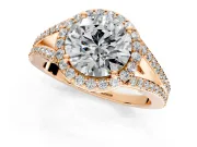 Halo Engagement Ring Setting for Round Cut Center with Pave Split Shank and Prong Head in Rose Gold