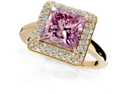 Halo Engagement Ring Setting for Fancy Pink Princess Cut Center with Plain Tapered Band and Prong Head in Yellow Gold