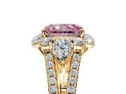 Halo Engagement Ring Setting for Fancy Pink Radiant Cut Center with Two-Strand Split Shank and Prong Head in Yellow Gold