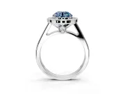 Halo Engagement Ring Setting for Fancy Blue Round Cut Center with Outer Bezel Rim, Pave Band and Prong Head in Platinum