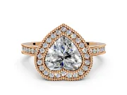 Halo Engagement Ring Setting for Heart-Shaped Center with Milgrain Halo, Pave Band and Prong Head in Rose Gold