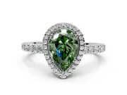 Halo Engagement Ring Setting for Fancy Green Pear-Shaped Center with Inner Milgrain Border and Prong Head in Platinum