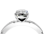 Solitaire Engagement Ring Setting for Emerald Cut Center with Milgrain-Edged Pave Band and Prong Head in Platinum