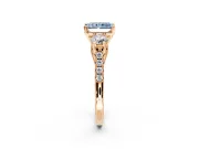 3 Stone Engagement Ring Setting for Fancy Blue Radiant Cut Center with Crossover Basket, Pave Band and Prong Head in Rose Gold