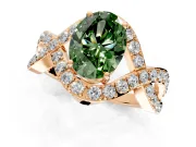 Halo Engagement Ring Setting for Fancy Green Oval Center with Pave Infinity Twist Band and Prong Head in Rose Gold