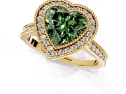 Halo Engagement Ring Setting for Fancy Green Heart-Shaped Center with Milgrain Pave Band and Bezel Head in Yellow Gold