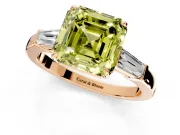 3 Stone Engagement Ring Setting for Fancy Yellow Asscher Cut Center with Baguette Accents and Prong Head in Rose Gold