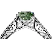 Solitaire Engagement Ring Setting for Fancy Green Cushion Cut Center with Engraved Pave Band and Prong Head in White Gold