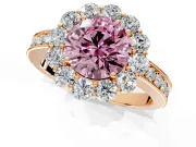 Halo Engagement Ring Setting for Fancy Pink Round Cut Center with Milgrain Channel Band and Prong Head in Rose Gold