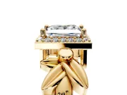Halo Engagement Ring Setting for Princess Cut Center with Floral Band and Prong Head in Yellow Gold