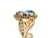 Halo Engagement Ring Setting for Fancy Blue Pear-Shaped Center with Leaf Motif Split Shank and Prong Head in Yellow Gold