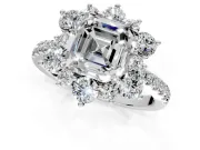 Floral Halo Engagement Ring Setting for Asscher Cut Center with Pave Accents and Prong Head in White Gold