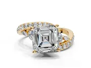 Solitaire Engagement Ring Setting for Asscher Cut Center with Pave Bypass Twist Band and Prong Head in Yellow Gold