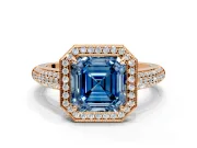 Milgrain Halo Engagement Ring Setting for Fancy Blue Asscher Cut Center with Three-Sided Pave Band and Prong Head in Rose Gold