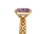 Solitaire Engagement Ring Setting for Fancy Pink Emerald Cut Center with Milgrain X Pattern Band and Prong Head in Yellow Gold