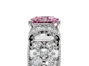 Pave Engagement Ring Setting for Fancy Pink Radiant Cut Center with Curved Accent Rows, Openwork and Prong Head in Sterling Silver