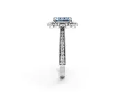 Milgrain Halo Engagement Ring Setting for Fancy Blue Radiant Cut Center with Bezel Point Accents and Prong Head in White Gold