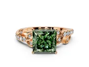Leaf Motif Engagement Ring Setting for Fancy Green Princess Cut Center with Pave Band and Prong Head in Rose Gold