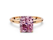 Hidden Halo Engagement Ring Setting for Fancy Pink Radiant Cut Center with Thin Round-Wire Band and Prong Head in Rose Gold