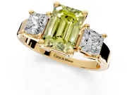 3 Stone Engagement Ring Setting for Fancy Yellow Emerald Cut Center with Matching Side Accents and Prong Head in Yellow Gold