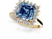 Starburst Halo Engagement Ring Setting for Fancy Blue Asscher Cut Center with Thin Round-Wire Band and Prong Head in Yellow Gold