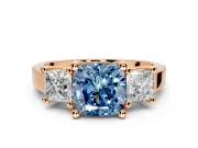 3 Stone Engagement Ring Setting for Fancy Blue Cushion Cut Center with Matching Side Accents and Prong Head in Rose Gold