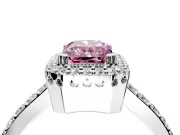 Halo Engagement Ring Setting for Fancy Pink Radiant Cut Center with Inner Milgrain Border and Prong Head in Sterling Silver