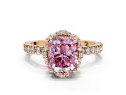 Halo Engagement Ring Setting for Fancy Pink Radiant Cut Center with Openwork Halo, Pave Band and Prong Head in Rose Gold
