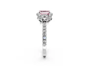 Halo Engagement Ring Setting for Fancy Pink Asscher Cut Center with Openwork Halo, Pave Band and Prong Head in White Gold
