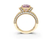 Pave Engagement Ring Setting for Fancy Pink Princess Cut Center with Curved Accent Rows, Openwork and Prong Head in Yellow Gold