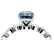 Solitaire Engagement Ring Setting for Fancy Blue Emerald Cut Center with Beaded Bezel Station Band and Prong Head in White Gold