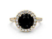 Halo Engagement Ring Setting for Fancy Black Round Cut Center with Narrowing Pave Band and Prong Head in Yellow Gold