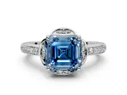 Floral Engagement Ring Setting for Fancy Blue Asscher Cut Center with Four Accent Clusters and Prong Head in Sterling Silver