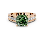 Solitaire Engagement Ring Setting for Fancy Green Cushion Cut Center with Princess Cut Channel Band and Prong Head in Rose Gold