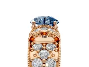 Pave Engagement Ring Setting for Fancy Blue Round Cut Center with Curved Accent Rows, Openwork and Prong Head in Rose Gold