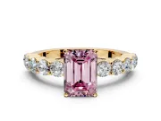 Shared-Prong Engagement Ring Setting for Fancy Pink Emerald Cut Center with Graduated Accents and Prong Head in Yellow Gold