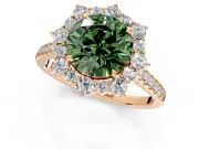 Halo Engagement Ring Setting for Fancy Green Round Cut Center with Single-Row Pave, Open Basket and Prong Head in Rose Gold