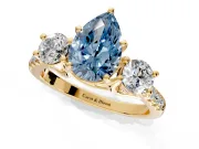 3 Stone Engagement Ring Setting for Fancy Blue Pear-Shaped Center with Crossover Basket, Pave Band and Prong Head in Yellow Gold