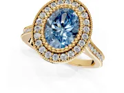 Halo Engagement Ring Setting for Fancy Blue Oval Center with Milgrain Frame, Pave Band and Prong Head in Yellow Gold
