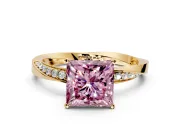 Side Accent Engagement Ring Setting for Fancy Pink Princess Cut Center with Accent Shoulders and Prong Head in Yellow Gold